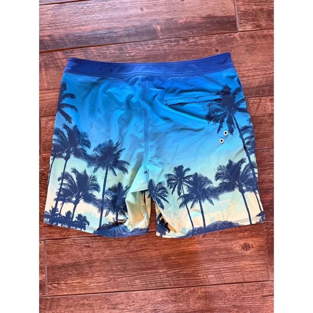American Eagle Mens Blue Tropical Palm Tree Ombre Board Shorts L